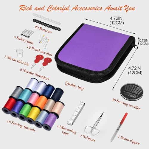Sewing Kit Gifts for Grandma, Mom, Friend, Traveler, Adults, Beginner, Emergency,Sewing Supplies Accessories with Scissors,Sewing Needles Thimble, Thread,Tape Measure etc (Dark Purple, S) - Image 3