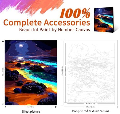 Yunnuo Paint by Numbers Kit for Adults, Seaside Night Scene Adult Paint by Number Kits on Canvas, DIY Beach Number Painting for Wall Decoration Festival Gifts 16"x20"(Glowing Sea Water& Moon) - Image 2