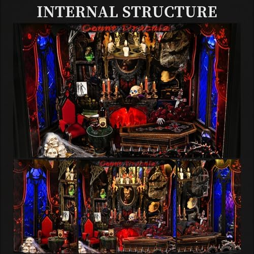 Book Nook Kit-3D Wooden Puzzle with LED Switch Control & Wall-Mountable Frame,DIY Miniature House for Beginners,Bookshelf/Tabletop/Wall Decor for Craft Lovers,Dollhouse Gift,Count Dracula - Image 4