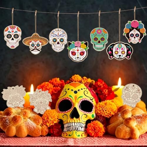 80PCS Wooden Day of The Dead Skull Ornaments to Paint Dia De Los Muertos Decorations Crafts for Kids, Halloween Decorations DIY Blank Sugar Skull Unfinished Mexican Fiesta Cutouts for Party Hanging - Image 6
