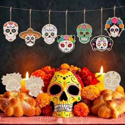 80PCS Wooden Day of The Dead Skull Ornaments to Paint Dia De Los Muertos Decorations Crafts for Kids, Halloween Decorations DIY Blank Sugar Skull Unfinished Mexican Fiesta Cutouts for Party Hanging - Image 6