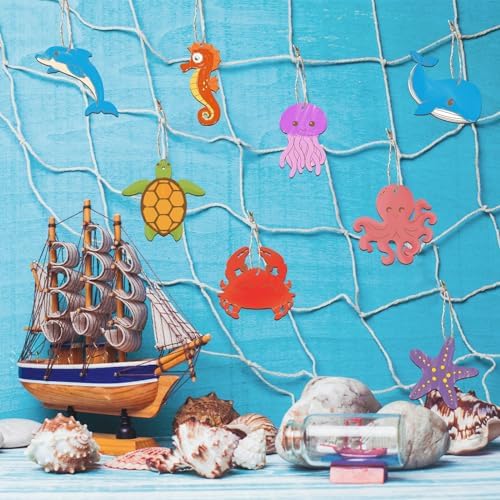 80PCS Wooden Sea Ornaments to Paint, 10 Styles DIY Blank Unfinished Wood Ocean Whale Seahorse Octopus Starfish Dolphin Turtle Shark Crab Cutouts Ornament for Crafts Hanging Decorations Summer - Image 4