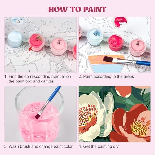 MXJSUA 4 Pack Peony Flowers Framed Paint by Numbers Kit with Canvas for Adults Beginner, DIY Acrylic Oil Painting Kits with Brushes for Home Wall Decor Gift (8x8 inch) - Image 6
