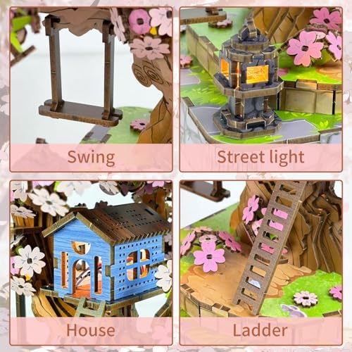 Sakura Tree House DIY Miniature House Kit for Adults, 564PCS 3D Wooden Puzzle with Light, Japanese Cherry Blossom Building Set, Wooden Craft Model Home Decor Gift - Image 3