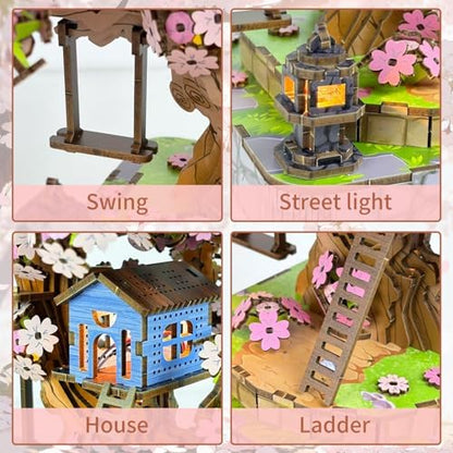 Sakura Tree House DIY Miniature House Kit for Adults, 564PCS 3D Wooden Puzzle with Light, Japanese Cherry Blossom Building Set, Wooden Craft Model Home Decor Gift - Image 3