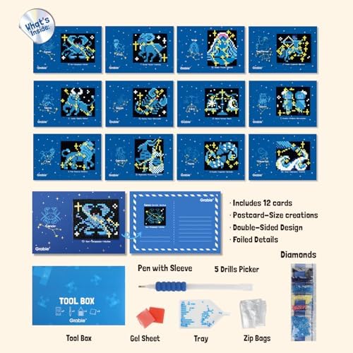 Grabie Mini Diamond Painting Cards Kit, 12 Pack Square Drill, Zodiac Glow - Image 3