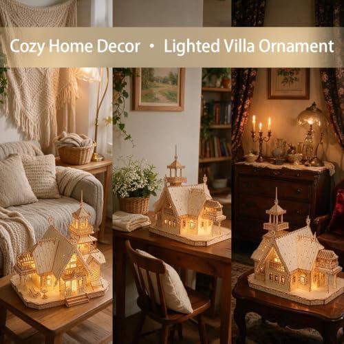 3D Puzzle for Adults, LED Vintage Wooden Villa with USB Lights - Image 3