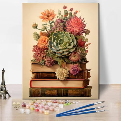 TUMOVO A Succulent on a Book- Paint by Numbers for Adults Beginner, Vintage Plant Adult Paint by Number Kits, Abstract Canvas Painting Kits for Men Women,Home Library Wall Decor 16x20in Frameless by TUMOVO