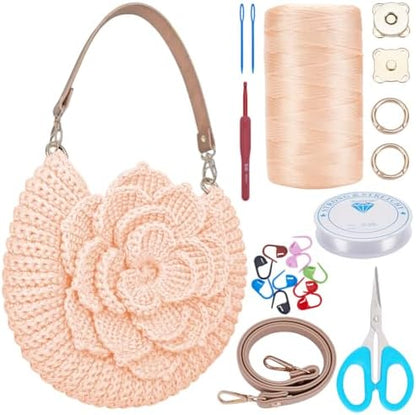 FREEBLOSS Flower Crochet Bag Kit for Beginners Complete Starter Set with Step-By-Step Video Tutorials Crochet Tote Bag Set Knitting Kit Adult Crafts Projects, Beige by FreeandCreativeCraftsArt