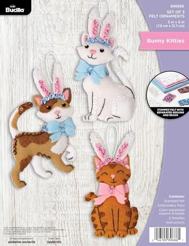 Bucilla Felt Applique 3 Piece Ornament Making Kit, Bunny Kitties, Perfect for DIY Arts and Crafts, 89686E by Bucilla