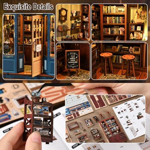 Book Nook Kit, DIY Miniature House Kit for Adults & Teens, Vintage Bookstore Scene Bookshelf Insert Decor with LED, 3D Wooden Puzzle Gift for Book Lovers (Pergola Reading Room) - Image 5