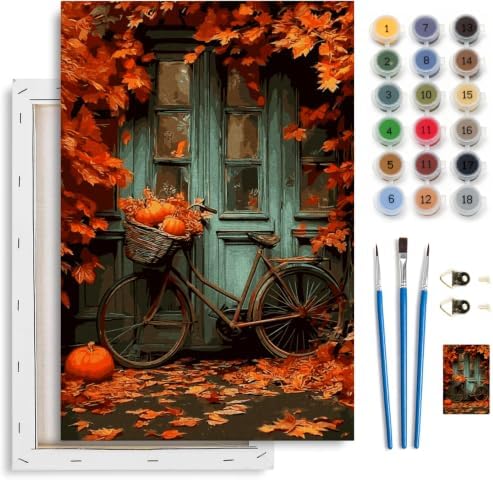 Spandrel Autumn Framed Paint by Numbers Kit for Adult Bicycle, Adult Paint by Number Kits on Canvas Fall Landscape, DIY Acrylic Oil Halloween Painting by Numbers for Home Wall Decor, 8x12in by Unknown