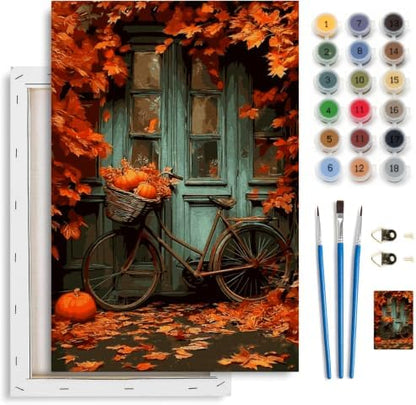 Spandrel Autumn Framed Paint by Numbers Kit for Adult Bicycle, Adult Paint by Number Kits on Canvas Fall Landscape, DIY Acrylic Oil Halloween Painting by Numbers for Home Wall Decor, 8x12in by Unknown