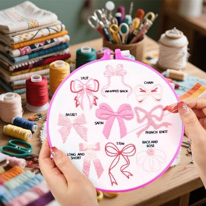 Pink Bowknot Embroidery Kits for Beginners Adults, Cute Hand Embroidery Starter Kits, Counted Cross Stitch Kits for Beginners DIY Craft Kits for Adults Women, Embroidery Hoops, Thread & Video Tutorial - Image 3
