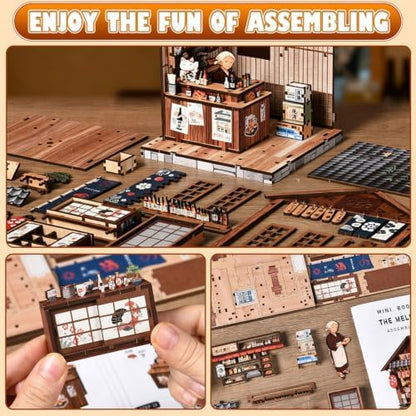 Japanese Izakaya Book Nook Kit for Adults, 3D Wooden Puzzle DIY Miniature House with Warm LED Light, Bookshelf Insert Decor Craft Model Building Set, Unique Gift for Book Lovers - Image 5
