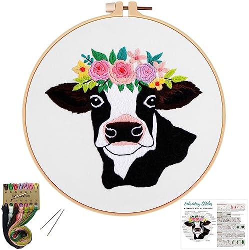 Louise Maelys Cow Beginners Embroidery Kits,Cross Stitch Starter kit for Adults with Embroidery Cloth Hoop Needles Instruction and Threads by LouiseMaelys