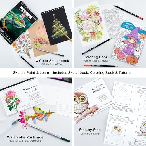 KALOUR 135 Drawing Set Sketching Kit,Art Supplies with 3-color Sketchbook & Coloring Paper,Include Tutorial, Oil Based, Neon,Graphite, Charcoal, Watercolor & Metallic Pencil,for Artist Adults Beginner - Image 5