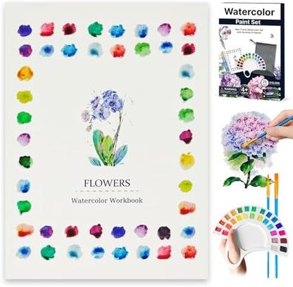 Watercolor Workbook, Water Coloring Book with 13 Pages 300GSM Paper, 26 Colors Watercolor Paint Set with Brush & Storage Bag, Beginner-Friendly Coloring Book for Adults，Flowers Theme by Unknown