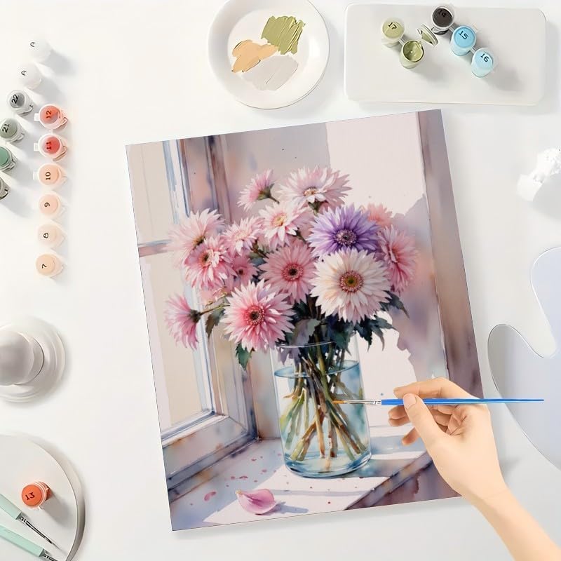 Floral Paint by Numbers Kit for Adults - DIY Pink and Purple Daisies in Glass Vase Painting on Canvas 16x20 Inches, Acrylic Paint Set, Suitable for Beginners, Art for Home Decoration or Gifts - Image 3