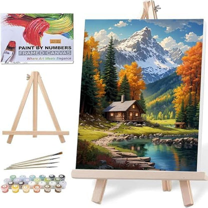 ldazao Mountain Paint By Numbers Kit for Adults Beginner with Frame Wooden Easel Cabin Adult Paint By Number Kits On Canvas for Gift Home Wall Decor 16x20 Inch by ldazao