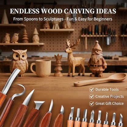 YOYUPETA Wood Carving Kit, 32-Piece Professional Whittling & Carving Tool Set with Walnut Handle Knives, Detail Gouges, Sharpening Stone, Strop, Basswood Blanks and Gloves for Adult Hobbyists & Craft - Image 6