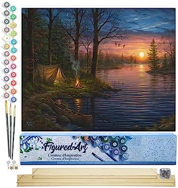 Figured'Art Paint by Numbers Kit for Adults Camping and Lake 16"x20" - Craft Art Painting Rolled Canvas with DIY Wooden Frame by FiguredArt