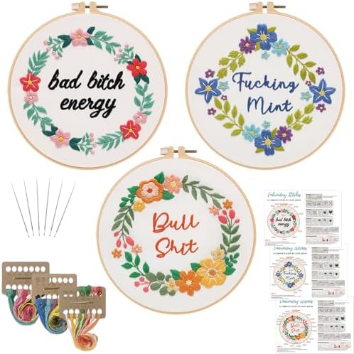 Louise Maelys 3 Pack Funny Quote Embroidery Kit for Beginners Floral by LouiseMaelys