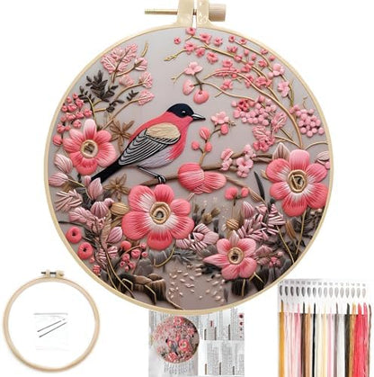 FONNUY Embroidery Kit for Beginners, Hummingbird Flowers Pre-Stamped Pattern Kits for Adults with Hoop, Easy to Follow Color Thread Needlework, 8''Hoop (Pink) by FONNUY