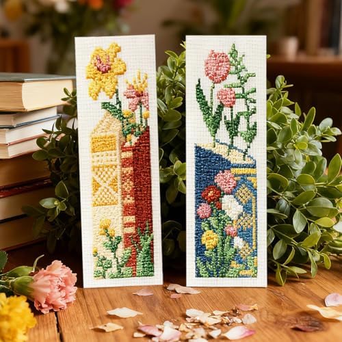 ACRNIGHEET 6PCS Stamped Cross Stitch Bookmark Kit for Beginners Flower 11CT - Image 5