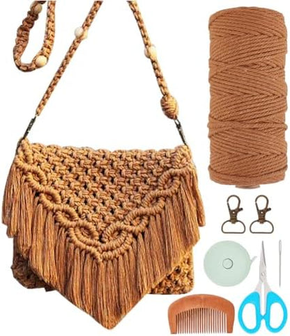 INFUNLY DIY Macrame Bag Kit for Adults Beginners Macrame Handmade Woven Bags with Tassels Bohemian Knotting Handbag Macrame Kit Crochet Bag Kit with Video Instruction for Women Holiday Beach Decor by INFUNLY