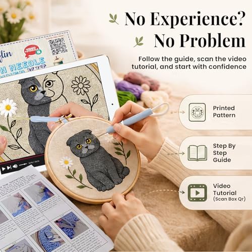Eflin Punch Needle Kits Adults Beginner, Cute Scottish Fold Cat Punch Needle Kit for Beginners with Daisy Pattern, Natural Bamboo Hoop, Yarns, Tools, Tutorial Video, Rare Gift for Craft Kits, Decors - Image 3