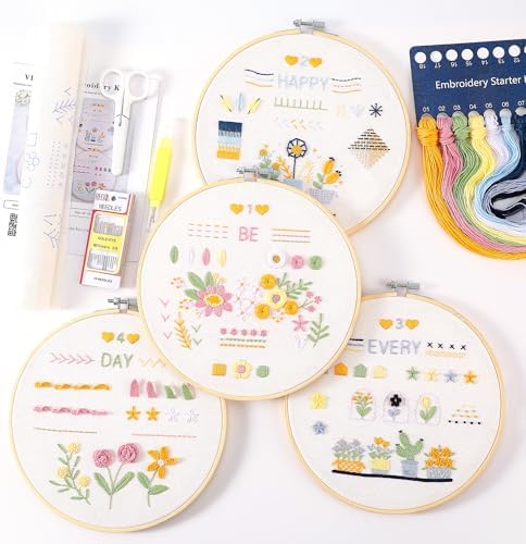 VIVIDOX 4 Sets Embroidery Kit for Beginners Adults, 25 Stitches Practice Kits Cross Stitch for Starter, DIY Hand Craft with Stamped Pattern, Bamboo Hoop, Threads, Scissors, Tools, Instruction by VIVIDOX