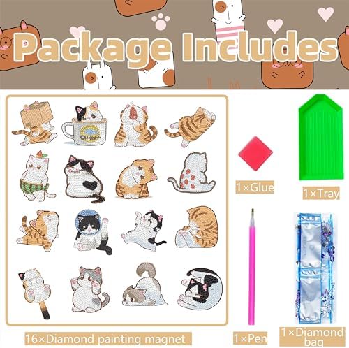 16 Pcs Cat Diamond Painting Magnets Kits Diamond Art Fridge Magnet Refrigerator Sticker Diamond Painting kit for Beginners Adults DIY Art Craft Gifts Home Decors - Image 3