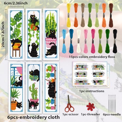ACRNIGHEET 6PCS Cross Stitch Bookmark Kits Cute Cat and Plants Pattern Stamped Cross Stitch Kits for Beginners Adults DIY Stamped Embroidery Bookmarks with Instructions Hand Embroidery Craft Gift 11CT - Image 2