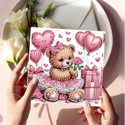 jinglinhh 6pcs Bear Rose Flowers Heart-Shaped Balloon Gifts Diamond Art Painting Greeting Cards with Envelopes, DIY Card Making Kits for Adults, Diamond Art Postcards Christmas Cards Craft Gifts - Image 7