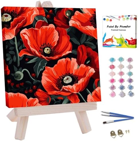 JUJUHOOD Red Poppy Paint by Numbers Kit for Adults Beginner & Kids Ages 8-12, Easy Flower Paint by Number Without Easel, Simple Paint by Numbers for Gift Home Wall Decor (10x10Inch) by JUJUHOODDirect