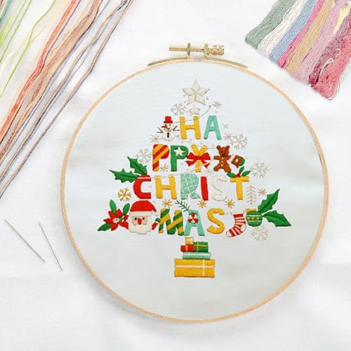 Canvas Tote Bag Embroidery Kit with Pattern for Beginners, Arts and DIY Embroidery Crafts Kits for Adults, Instructions, Thimble, Embroidery Hoops, Color Threads (Beige, CR002 Christmas Tree) - Image 3