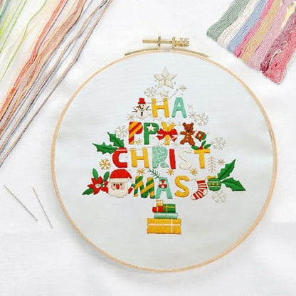 Canvas Tote Bag Embroidery Kit with Pattern for Beginners, Arts and DIY Embroidery Crafts Kits for Adults, Instructions, Thimble, Embroidery Hoops, Color Threads (Beige, CR002 Christmas Tree) - Image 3