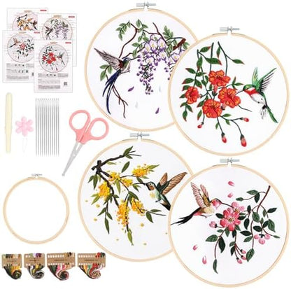 Sopoloray 4 Pack Hummingbird Embroidery Kit for Beginner Adults,Floral Patterns Starter Kit for Adults with Embroidery Hoop,Threads,Needles,Scissors,Instructions by Unknown