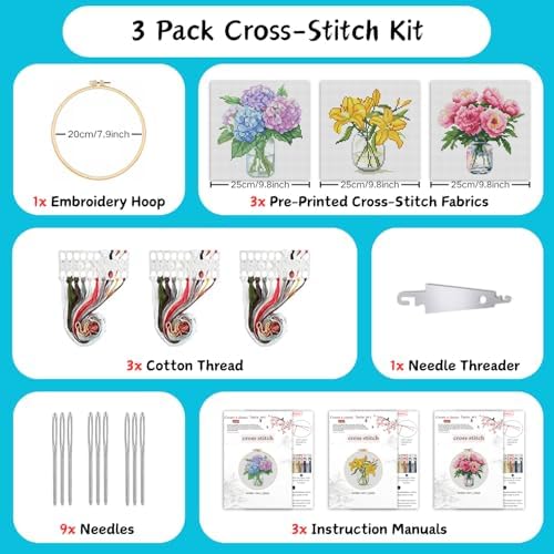 TCDZMYGS 3 Pack Stamped Cross Stitch Kits for Beginners-Flower,with Hoop - Image 2