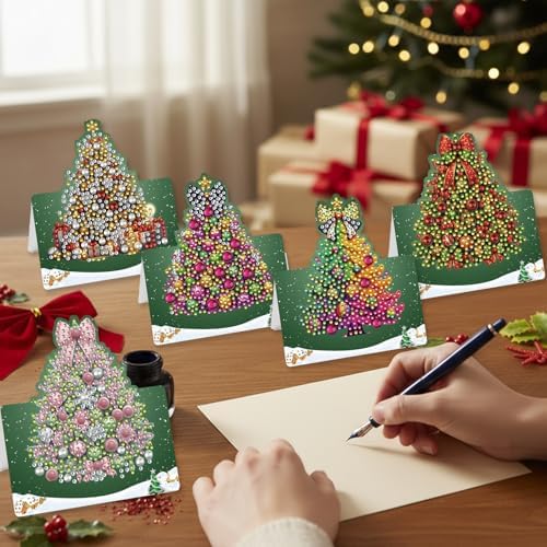 jinglinhh 6pcs Diamond Art Painting Christmas Tree Greeting Cards with Envelopes, DIY Card Making Kits for Adults, Diamond Art Christmas Cards for Birthday Holiday Postcards - Image 5