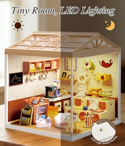 Cute Cat Cafe DIY Miniature House Kit with Roof & LED Light, Stackable & Connectable Dollhouse Kit with Dustproof Door, Creative DIY Crafts Building Toy Gift for Adults Teens - Image 2