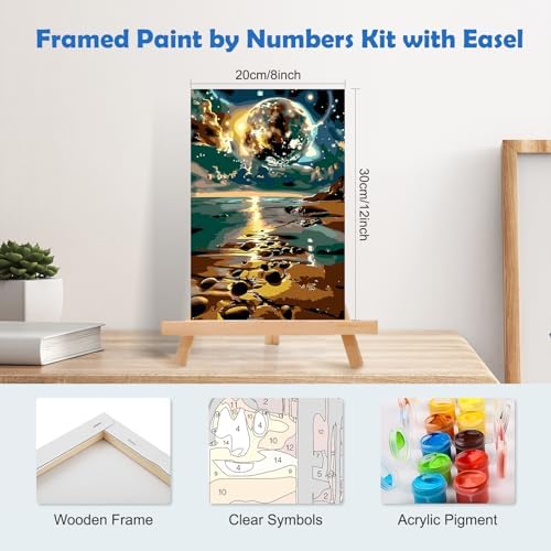 MOGTAA Starry Sky Paint by Numbers Kit for Adults Beginners with Frame, Beach Landscape Adult Paint by Number Kits on Canvas with Easel, Easy DIY Oil Painting Kits for Home Decor, 8x12in - Image 2