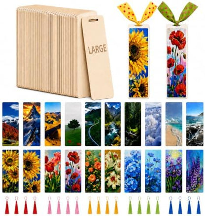 70 PCS Wood Bookmark Blanks Making Kit, 20 Large Thick Unfinished Wood Bookmarks with Tassels, 20 UV DTF Stickers & Ribbons, DIY Craft Kit for Book Lovers, Reading Gifts, Teachers, Student by Unknown