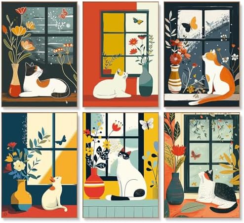 Offito 6 Pack Paint by Numbers Kit for Adults, Flowers Vase Cat, 10x14 Inch by Offito