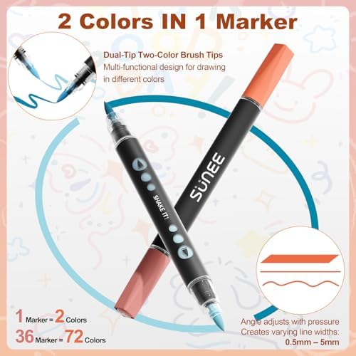 SUNEE 72 Colors Acrylic Paint Markers, 36 Pack Brush Tip Paint Pens with Automatic Ink Control System, Coloring Markers for Metal, Rock, Ceramic, Wood, Canvas, Glass, DIY Crafts Art Supplies Kit - Image 2