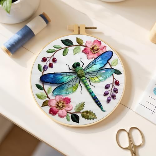 FRANDEK DIY Flower Dragonfly Stamped Embroidery Kit with Hoop for Adults - Image 5