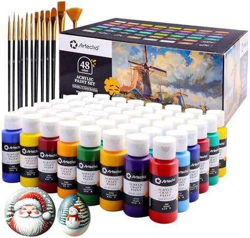 Artecho Acrylic Paint Set 48 Colors 2oz/59ml with 12 Brushes, Art Supplies by Artecho
