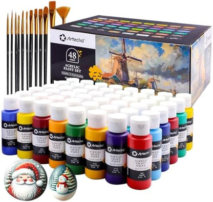 Artecho Acrylic Paint Set 48 Colors 2oz/59ml with 12 Brushes, Art Supplies by Artecho