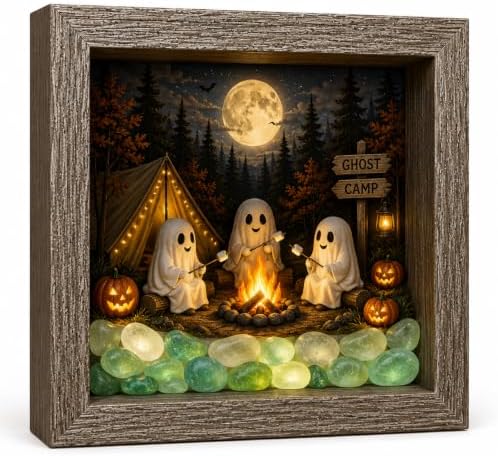 DIY Halloween Shadow Box Night Light Kit, 8.5 Inch Wooden Frame LED Craft Set with Luminous Stones & Acrylic Panels, Create Your Own Spooky Ghost & Pumpkin Scene, Fall Autumn Tabletop Home Decor by Unknown